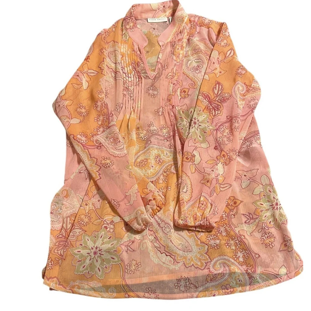 Susan Graver Tunic Blouse Women Size‎ XXS Pink Sheer Paisley Chiffon Peasant